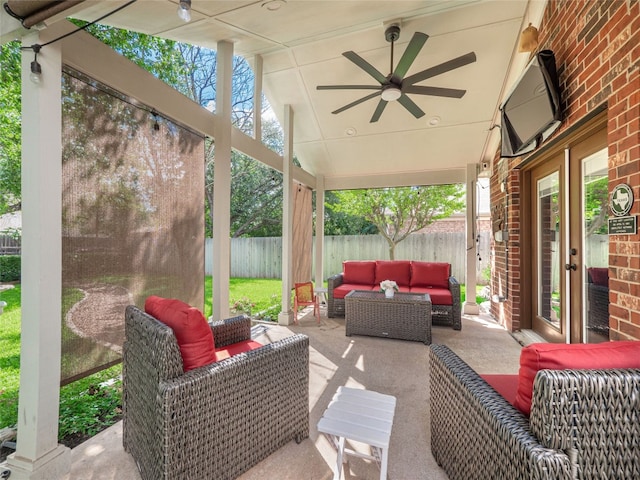 1810 Summer Rain Dr, Cedar Park, TX 78613 - view of patio / terrace with a ceiling fan, an outdoor living space, a fenced backyard, and french doors