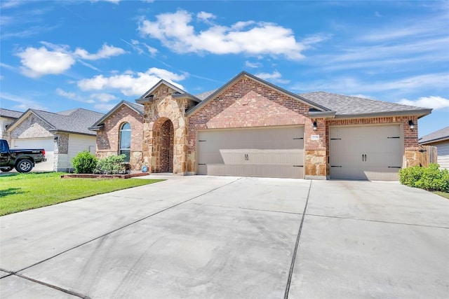view of front of house with a garage, concrete driveway, brick siding, stone siding, and a shingled roof