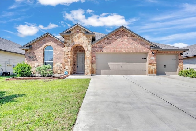 view of front of house with a garage, concrete driveway, a front lawn, and brick siding