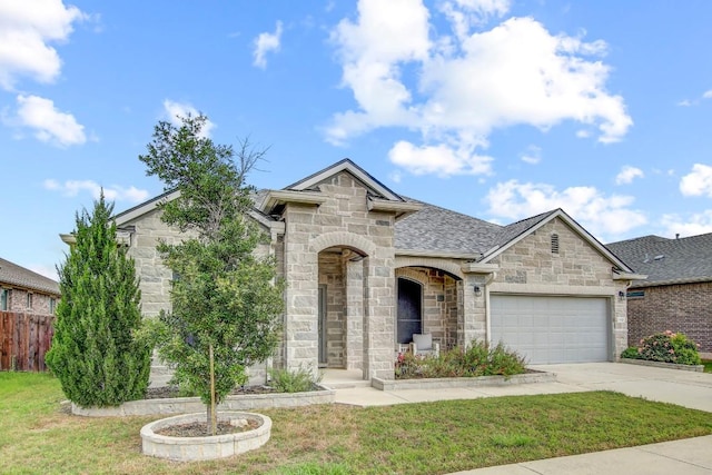 french country inspired facade with stone siding, a garage, concrete driveway, and a shingled roof