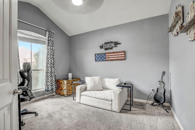 office featuring carpet, lofted ceiling, ceiling fan, and baseboards