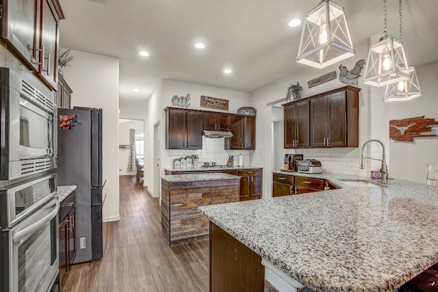 kitchen featuring stainless steel appliances, a sink, under cabinet range hood, wood finished floors, and tasteful backsplash
