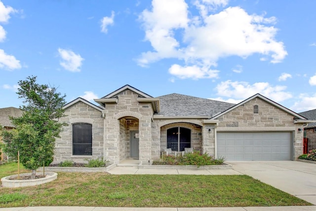 french country home featuring driveway, an attached garage, stone siding, a front lawn, and a shingled roof