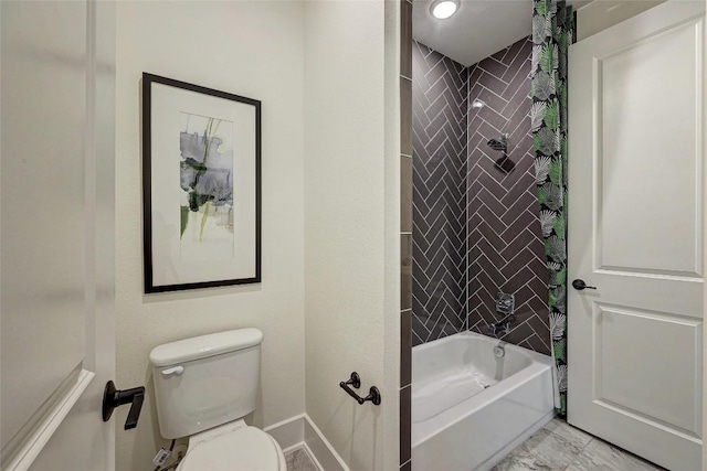 105 Isaac White Dr, Bastrop, TX 78602 - bathroom featuring shower / tub combo with curtain, toilet, and marble look tile flooring