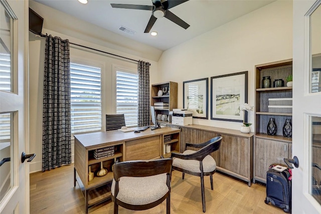 105 Isaac White Dr, Bastrop, TX 78602 - office area with a ceiling fan, light wood-style floors, and recessed lighting