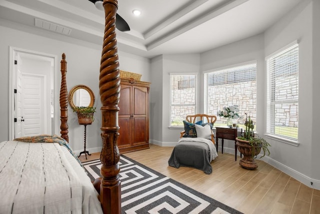 147 Epoch Dr, Austin, TX 78737 - bedroom featuring light wood-type flooring, multiple windows, a raised ceiling, and ceiling fan