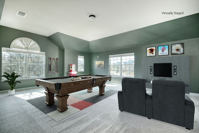 recreation room featuring carpet floors, pool table, and baseboards