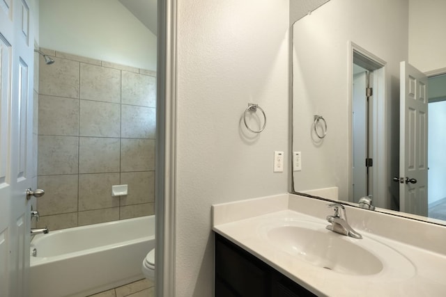 full bath featuring toilet, vanity, bathing tub / shower combination, and tile patterned floors