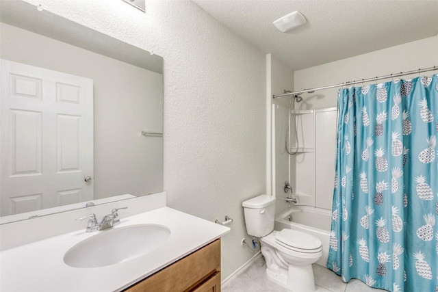 11905 Reindeer Dr, Austin, TX 78754 - bathroom with vanity, shower / bath combo with shower curtain, tile patterned floors, and a textured wall