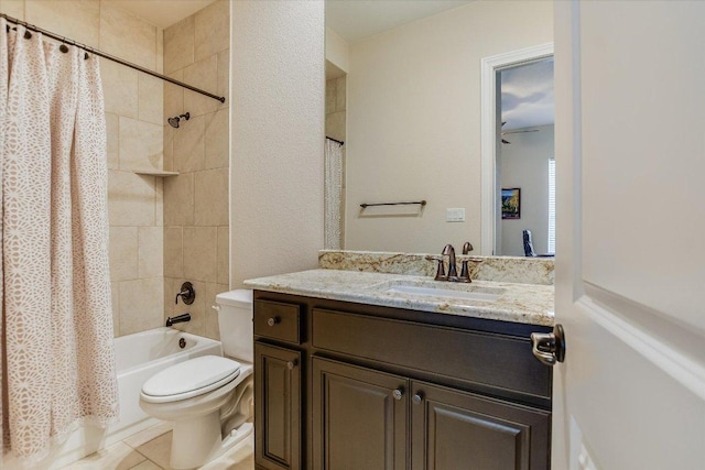 bathroom featuring toilet, shower / bath combination with curtain, vanity, and tile patterned floors