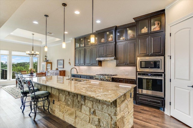 19440 Serenity Ln, Lago Vista, TX 78645 - kitchen with stainless steel appliances, a sink, tasteful backsplash, a breakfast bar, and dark wood-style flooring
