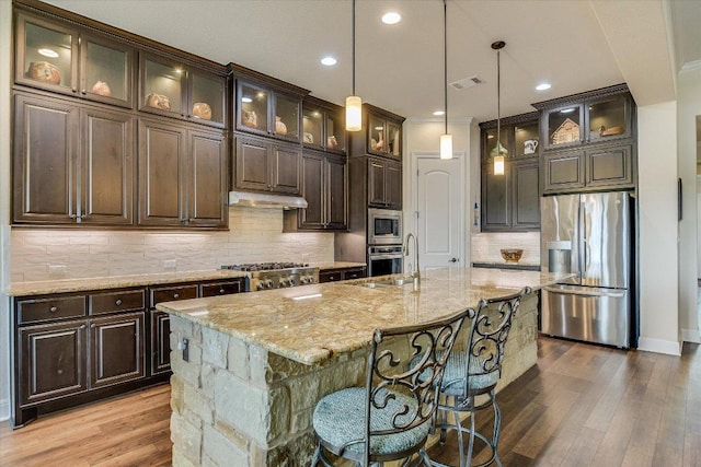 kitchen featuring stainless steel appliances, a sink, decorative backsplash, dark brown cabinetry, and wood finished floors