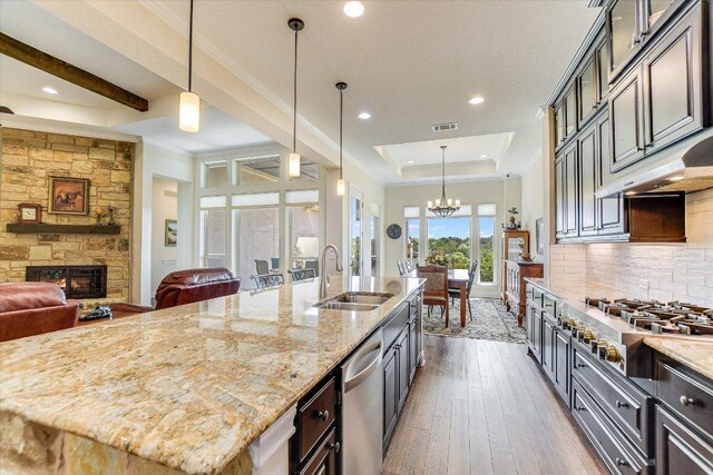 19440 Serenity Ln, Lago Vista, TX 78645 - kitchen featuring a sink, a raised ceiling, appliances with stainless steel finishes, under cabinet range hood, and open floor plan