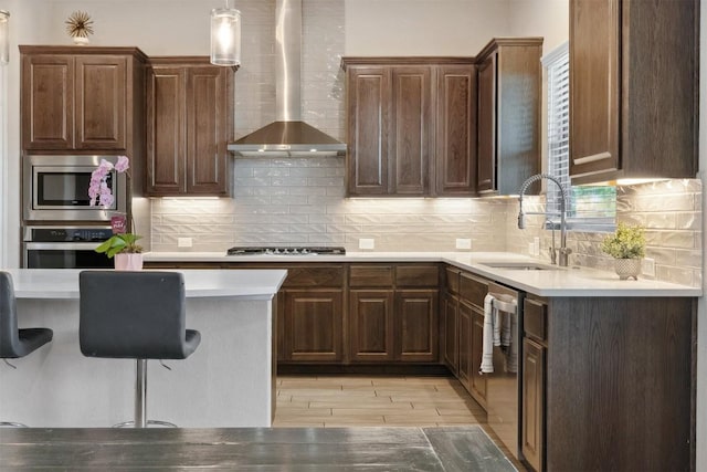 kitchen with wall chimney exhaust hood, appliances with stainless steel finishes, a sink, and tasteful backsplash