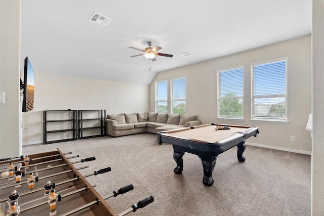 game room featuring ceiling fan, pool table, baseboards, carpet floors, and vaulted ceiling