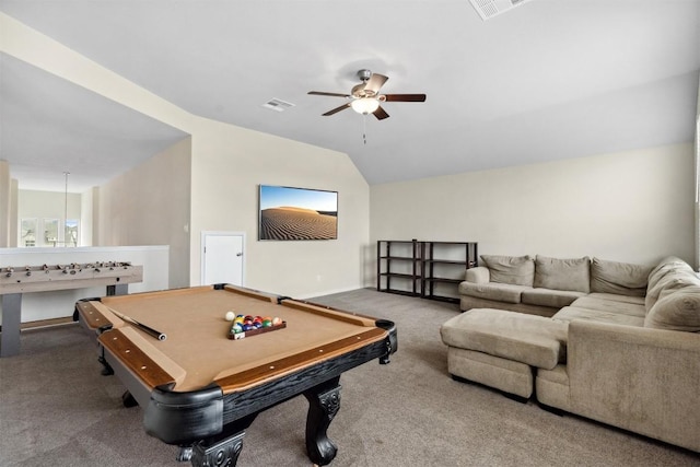 game room featuring ceiling fan, carpet, pool table, vaulted ceiling, and baseboards