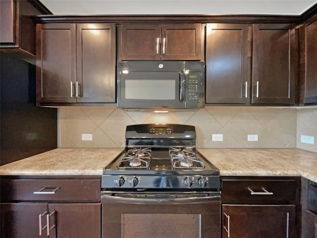 324 Pack Horse Dr, Bastrop, TX 78602 - kitchen featuring black appliances, dark brown cabinetry, backsplash, and light countertops