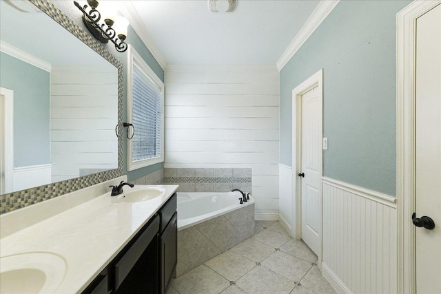468 Monahans Dr, Georgetown, TX 78628 - full bathroom featuring ornamental molding, double vanity, tile patterned floors, and a garden tub