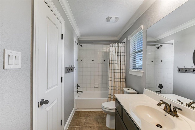 468 Monahans Dr, Georgetown, TX 78628 - full bathroom with vanity, shower / bath combo with shower curtain, crown molding, and a textured wall