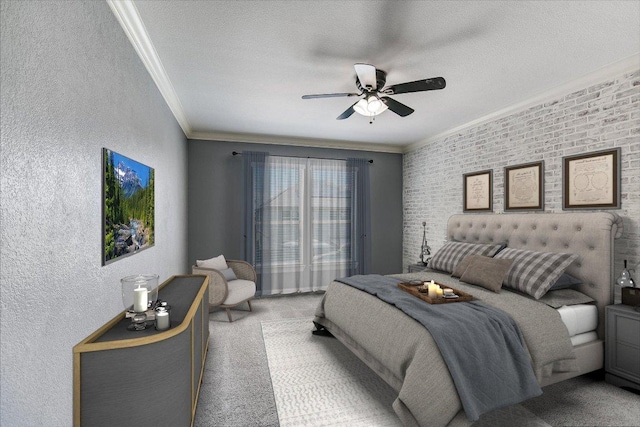 468 Monahans Dr, Georgetown, TX 78628 - carpeted bedroom with ornamental molding, a textured wall, and ceiling fan