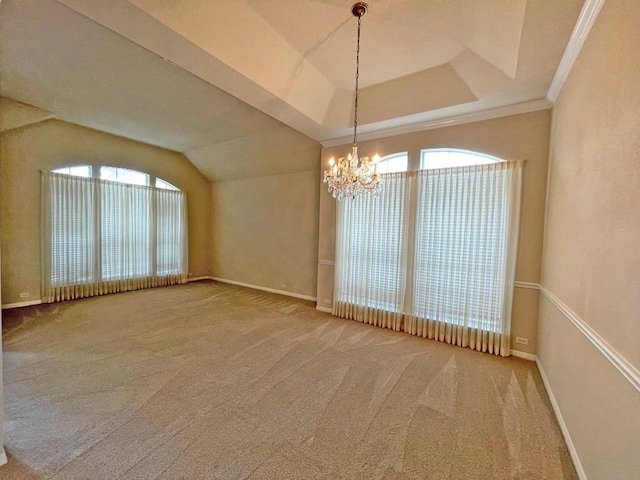 unfurnished room with a chandelier, carpet flooring, baseboards, crown molding, and a raised ceiling
