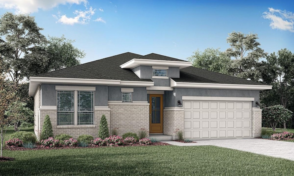 230 Revere Dr, Kyle, TX 78640 - prairie-style home with stucco siding, a garage, brick siding, a front yard, and concrete driveway