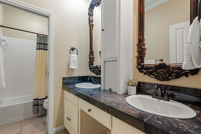1502 Azalea Dr, Cedar Park, TX 78613 - bathroom featuring toilet, shower / bath combination with curtain, tile patterned flooring, double vanity, and ornamental molding