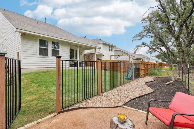 2024 Cantonata Dr, Leander, TX 78641 - rear view of property featuring a fenced backyard, a playground, and a shingled roof