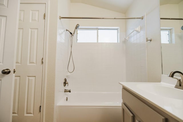 1420 Marsh Harbour Dr, Round Rock, TX 78664 - bathroom with shower / tub combination, vanity, and vaulted ceiling