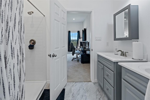 3424 S Old Bastrop Hwy, San Marcos, TX 78666 - full bathroom featuring vanity, a shower stall, and marble look tile flooring