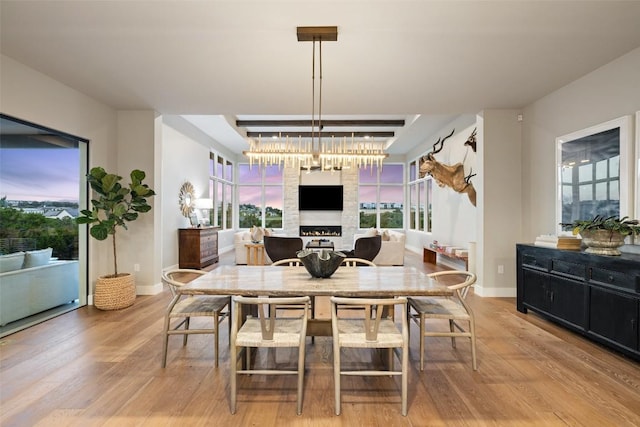 6404 Madrone Tree Ln, Austin, TX 78738 - dining room featuring wood finished floors, baseboards, plenty of natural light, and a large fireplace