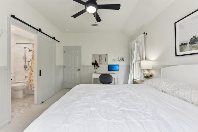 340 Palo Alto Way, Austin, TX 78732 - carpeted bedroom featuring a barn door and a ceiling fan