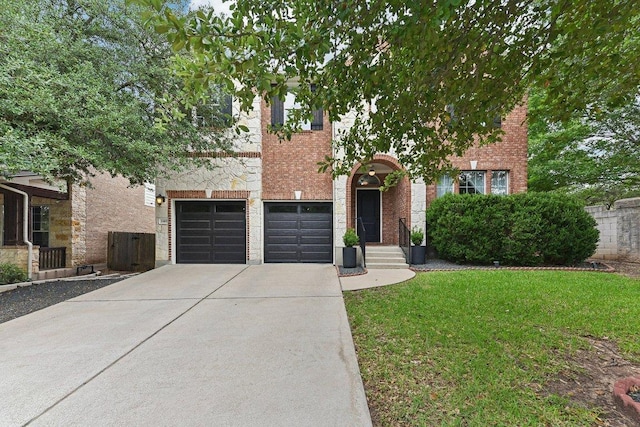 340 Palo Alto Way, Austin, TX 78732 - obstructed view of property with concrete driveway, an attached garage, a front yard, and brick siding
