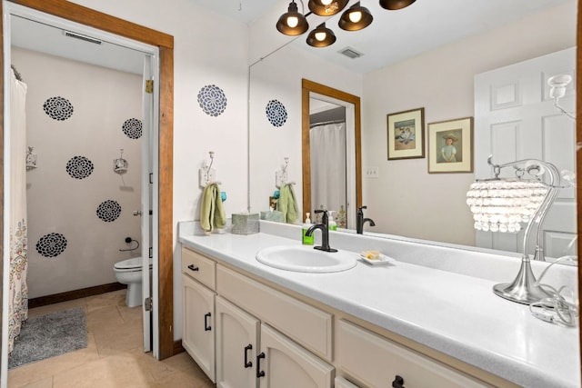 109 N Hill Top Dr, Boerne, TX 78006 - full bathroom with vanity, tile patterned floors, toilet, and curtained shower