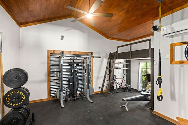 109 N Hill Top Dr, Boerne, TX 78006 - exercise area featuring wooden ceiling, baseboards, lofted ceiling, and ceiling fan
