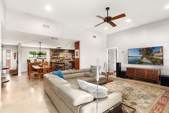 109 N Hill Top Dr, Boerne, TX 78006 - living room with a ceiling fan, recessed lighting, and light tile patterned floors