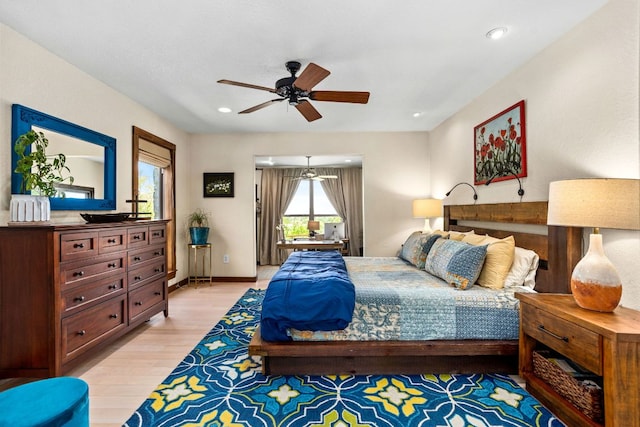 109 N Hill Top Dr, Boerne, TX 78006 - bedroom with light wood-type flooring, access to exterior, recessed lighting, a ceiling fan, and baseboards