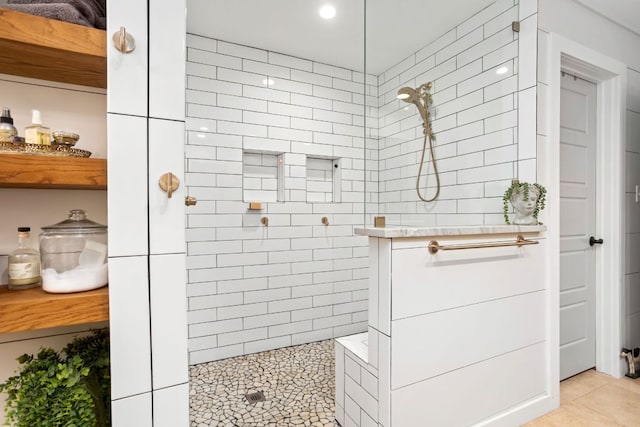 109 N Hill Top Dr, Boerne, TX 78006 - full bathroom with a walk in shower, tile patterned floors, and recessed lighting