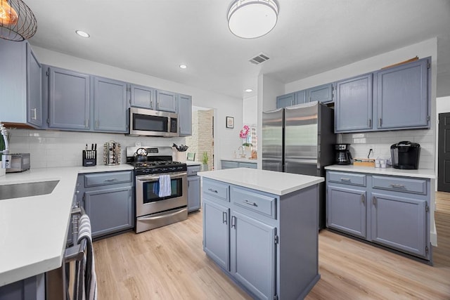 12001 Bittern Holw, Austin, TX 78758 - kitchen with appliances with stainless steel finishes, light wood-style flooring, backsplash, a kitchen island, and recessed lighting