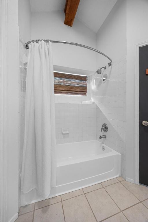 12001 Bittern Holw, Austin, TX 78758 - full bath featuring tile patterned floors, shower / bath combination with curtain, and beam ceiling