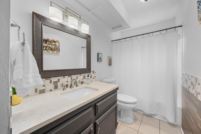 12001 Bittern Holw, Austin, TX 78758 - full bathroom with vanity, decorative backsplash, tile patterned floors, and shower / bath combo with shower curtain