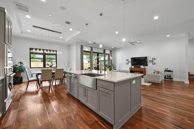 3102 Hunt Trl, Austin, TX 78757 - kitchen with gray cabinets, a sink, a tray ceiling, dark wood-type flooring, and stainless steel appliances