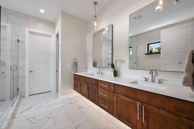 3102 Hunt Trl, Austin, TX 78757 - full bathroom with a marble finish shower, marble finish floors, double vanity, recessed lighting, and baseboards