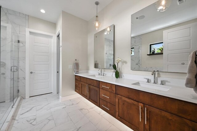 3102 Hunt Trl, Austin, TX 78757 - bathroom with a marble finish shower, marble finish flooring, double vanity, and recessed lighting