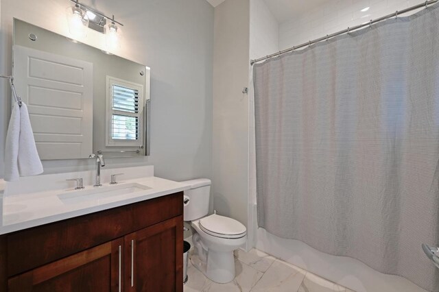3102 Hunt Trl, Austin, TX 78757 - bathroom with marble finish floors, vanity, shower / tub combo with curtain, and toilet