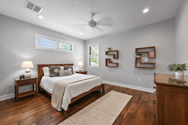 3102 Hunt Trl, Austin, TX 78757 - bedroom with baseboards, dark wood-style flooring, recessed lighting, and ceiling fan