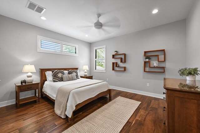 3102 Hunt Trl, Austin, TX 78757 - bedroom with baseboards, dark wood-style floors, recessed lighting, and a ceiling fan
