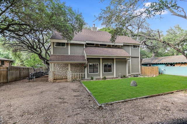 5307 Shady Oaks Cir, Kingsland, TX 78639 - rear view of house with stone siding, a chimney, and a shingled roof
