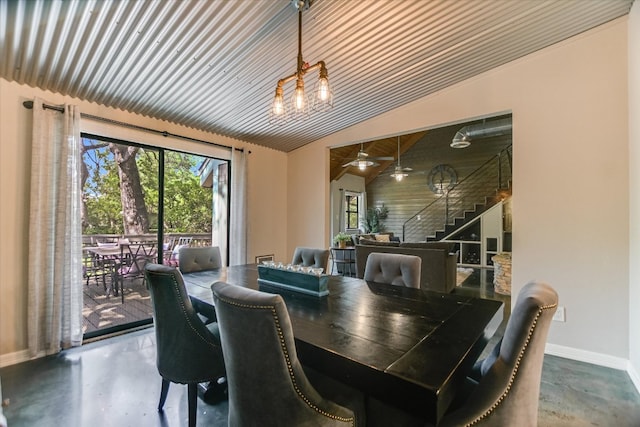 5307 Shady Oaks Cir, Kingsland, TX 78639 - dining room featuring finished concrete flooring, baseboards, stairway, a ceiling fan, and lofted ceiling