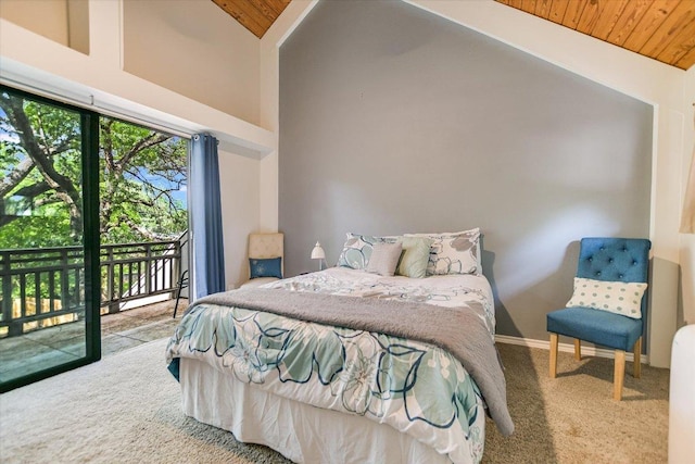 5307 Shady Oaks Cir, Kingsland, TX 78639 - carpeted bedroom with wooden ceiling, access to outside, high vaulted ceiling, and baseboards